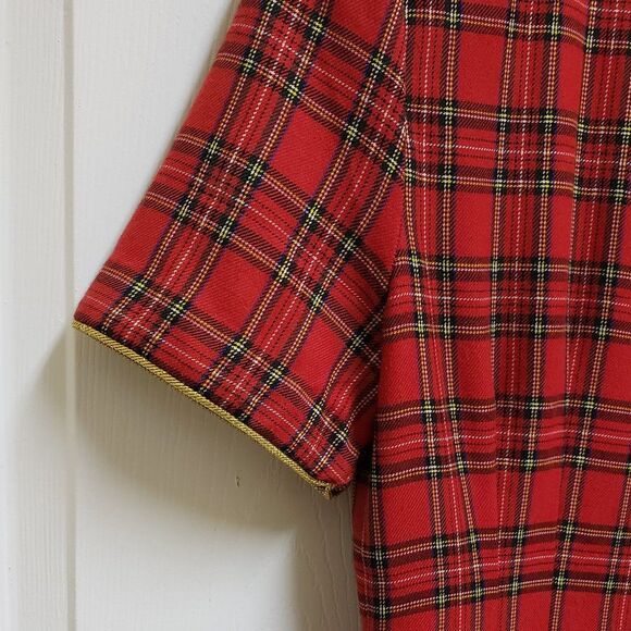 Misty Lane Dress Sz 6 Red Plaid Embroidered Crest Short Slv Midi Vintage Preppy - Picture 6 of 11